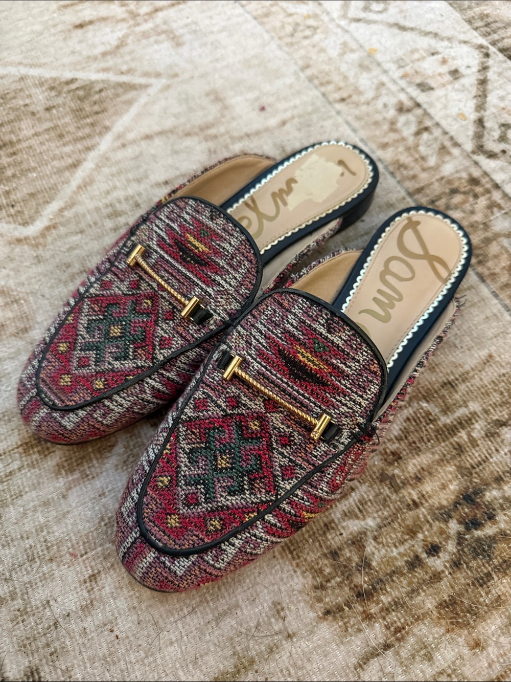 Sam Edelman Multicolor Woven Slip-On Mules with Gold Accent